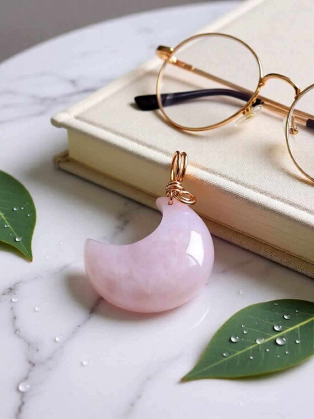 Pale Pink Rose Quartz Moon Pendant ~ Feminine Essence ~ Luna Goddess ~ Boho Chic